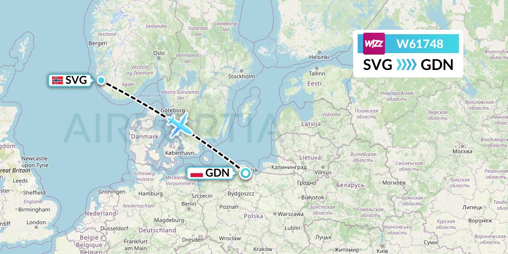 W61748 Wizz Air Flight Map: Stavanger to Gdansk