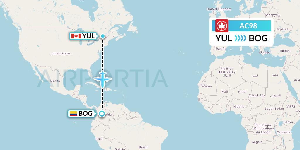 AC98 Air Canada Flight Map: Montreal to Bogota