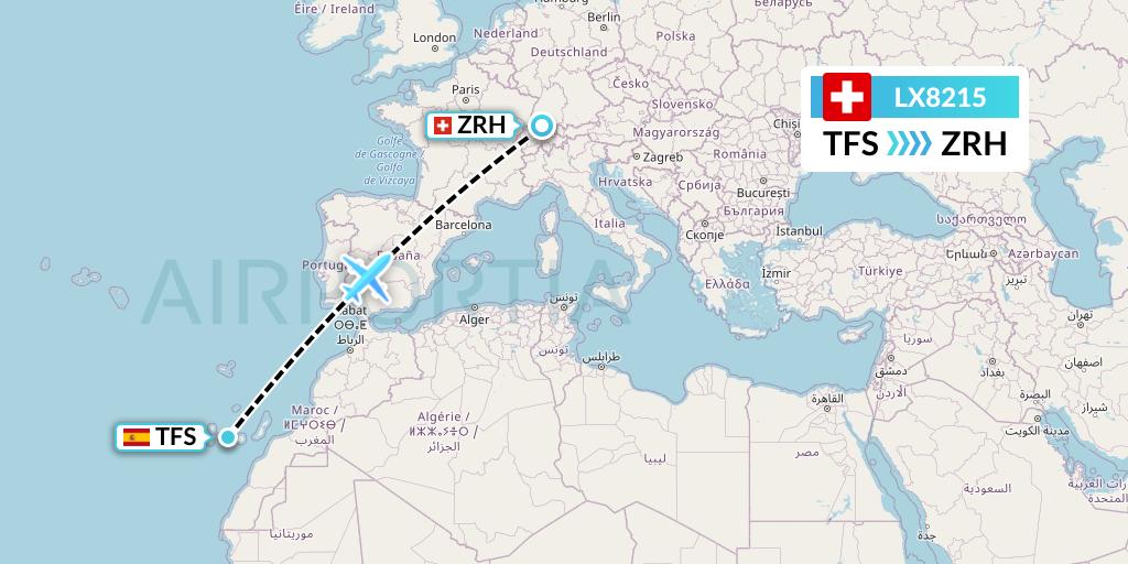LX8215 Swiss Flight Map: Tenerife to Zurich