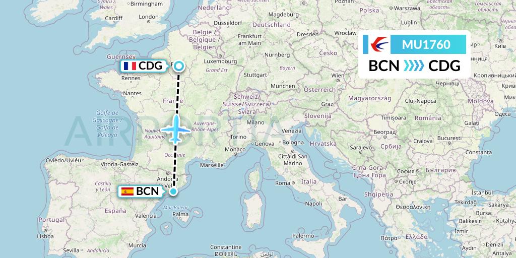 MU1760 China Eastern Airlines Flight Map: Barcelona to Paris