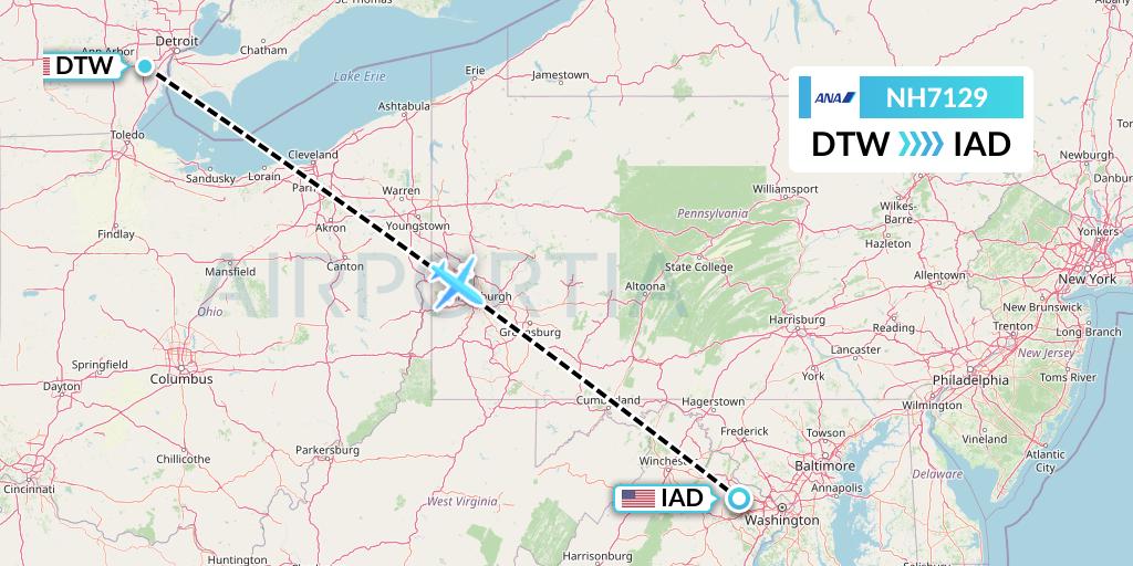 NH7129 All Nippon Airways Flight Map: Detroit to Washington