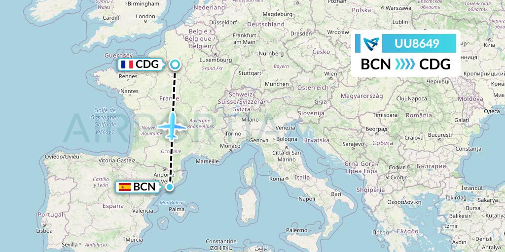 UU8649 Air Austral Flight Map: Barcelona to Paris