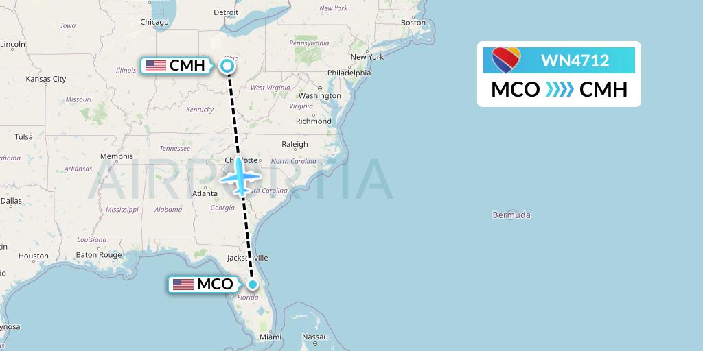 WN4712 Southwest Airlines Flight Map: Orlando to Columbus