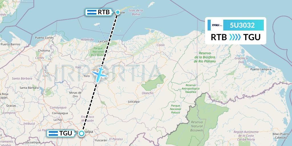5U3032 TAG Airlines Flight Map: Roatan to Tegucigalpa
