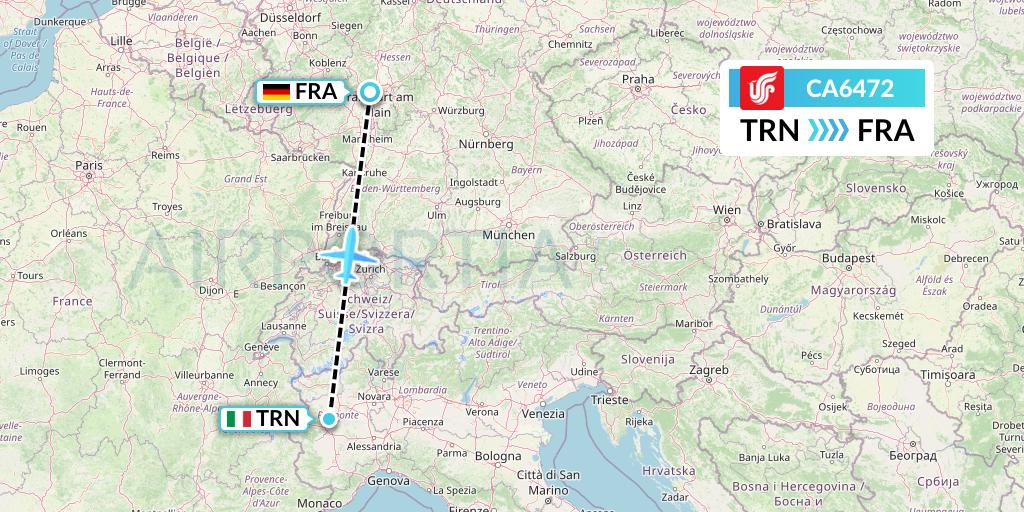 CA6472 Air China Flight Map: Turin to Frankfurt