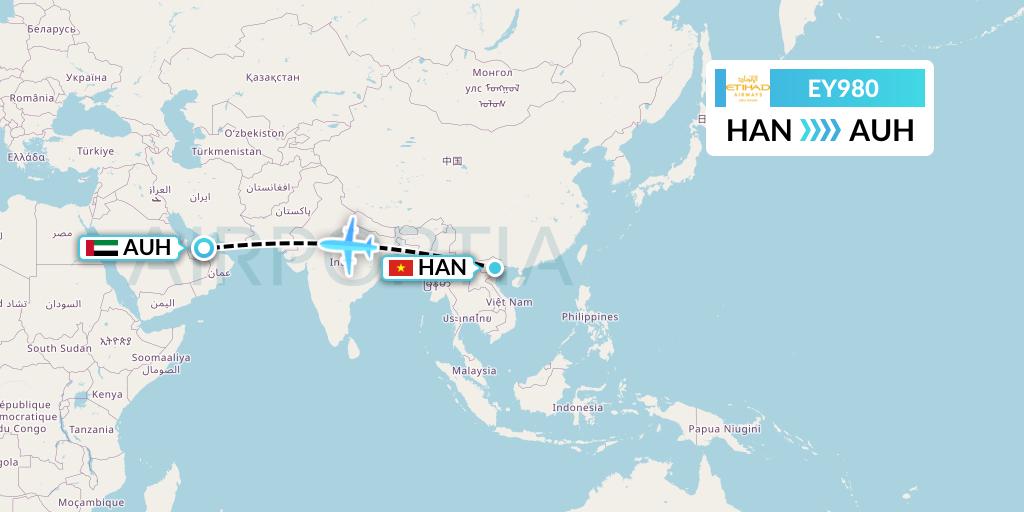 EY980 Etihad Airways Flight Map: Hanoi to Abu Dhabi
