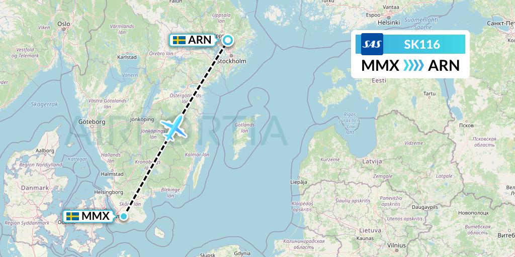 SK116 SAS Flight Map: Malmo to Stockholm