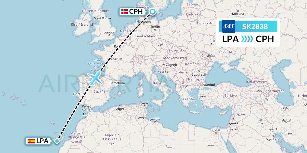 SK2838 SAS Flight Map: Las Palmas to Copenhagen