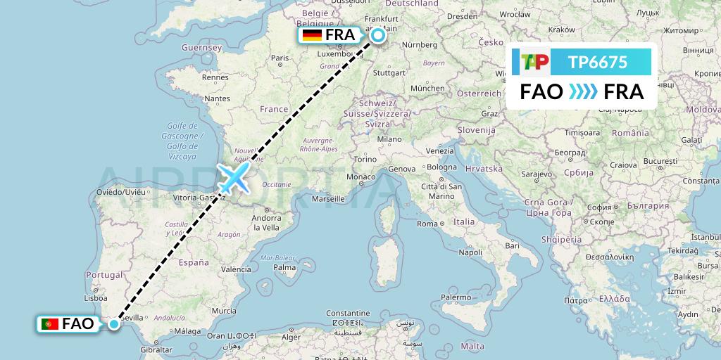 TP6675 TAP Portugal Flight Map: Faro to Frankfurt