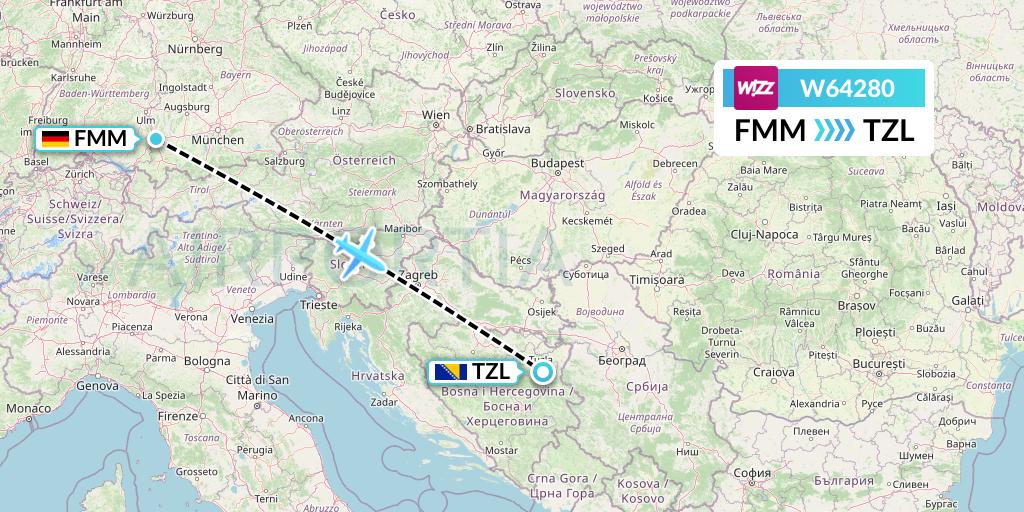 W64280 Wizz Air Flight Map: Memmingen to Tuzla