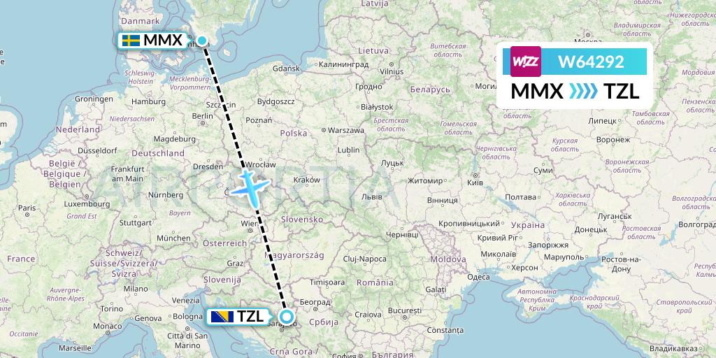 W64292 Wizz Air Flight Map: Malmo to Tuzla