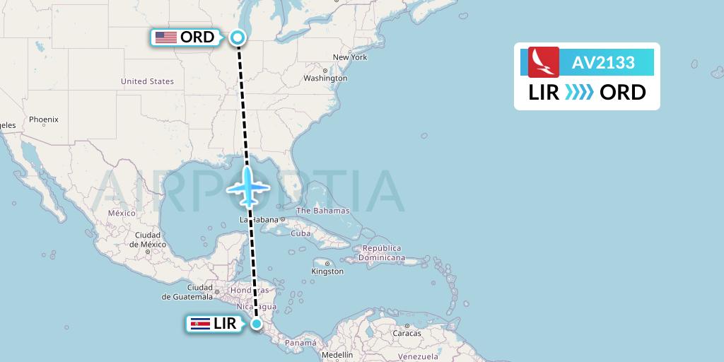 AV2133 Avianca Flight Map: Liberia to Chicago