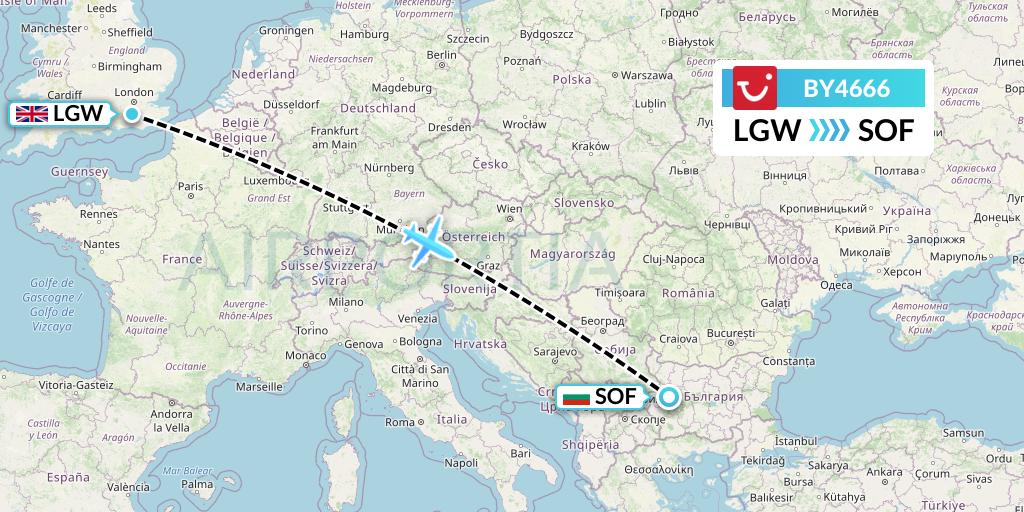 BY4666 TUI Airways Flight Map: London to Sofia
