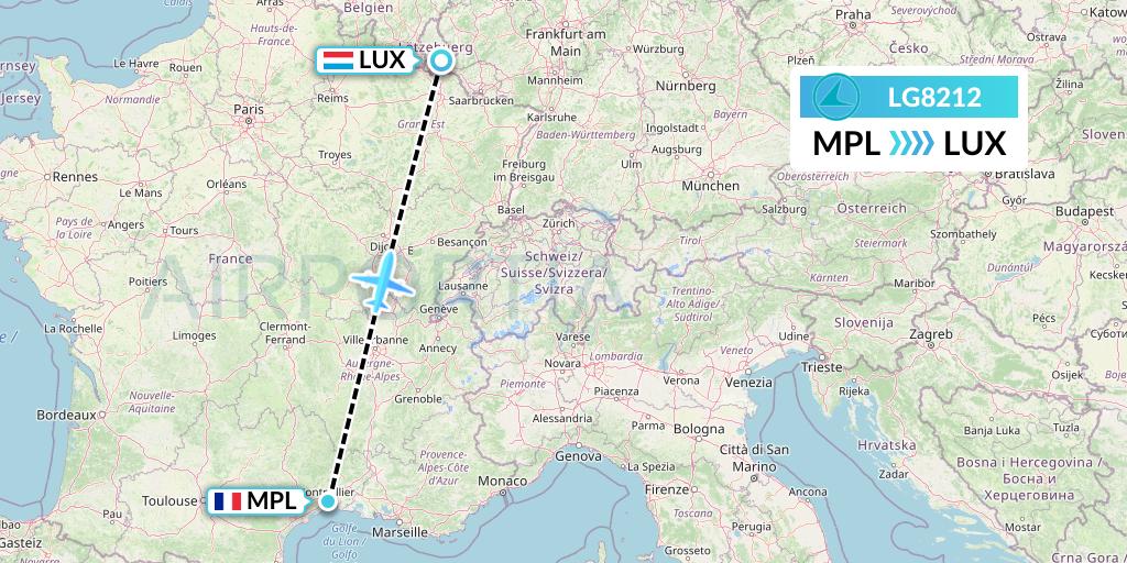 LG8212 Luxair Flight Map: Montpellier to Luxembourg