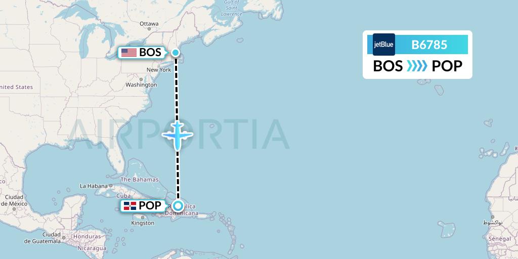 B6785 JetBlue Airways Flight Map: Boston to Puerto Plata