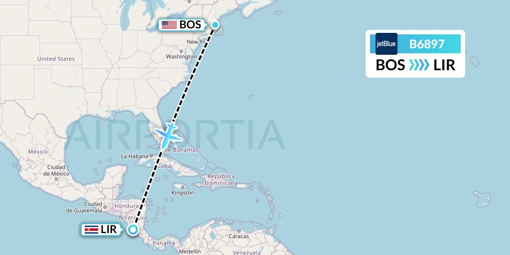 B6897 JetBlue Airways Flight Map: Boston to Liberia