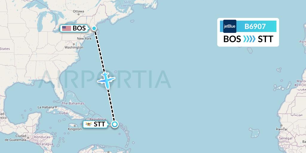 B6907 JetBlue Airways Flight Map: Boston to St. Thomas
