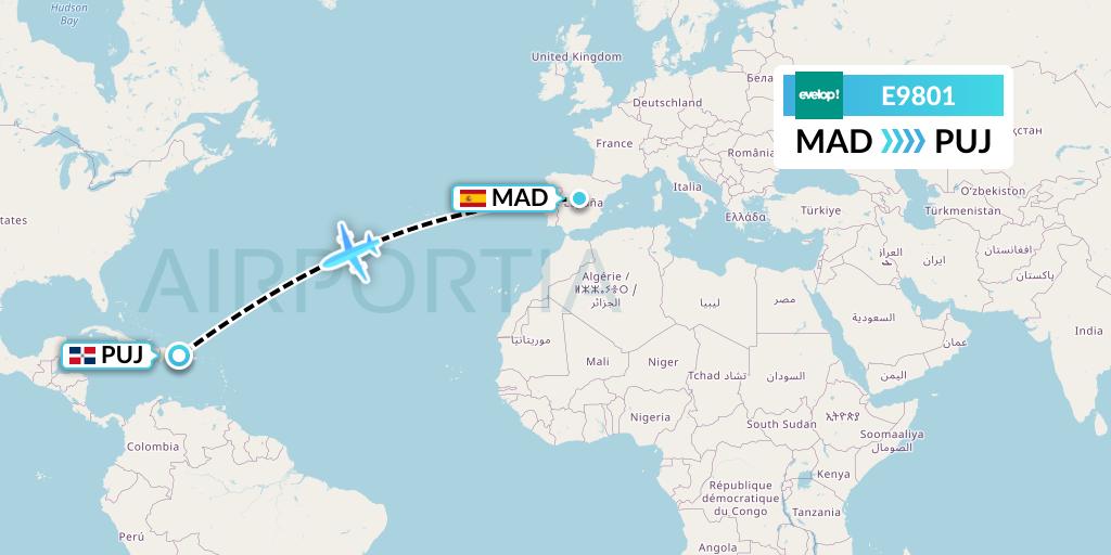 E9801 Evelop Airlines Flight Map: Madrid to Punta Cana