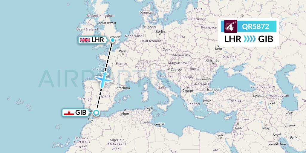 QR5872 Qatar Airways Flight Map: London to Gibraltar