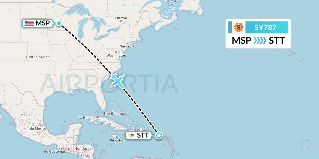 SY787 Sun Country Airlines Flight Map: Minneapolis to St. Thomas