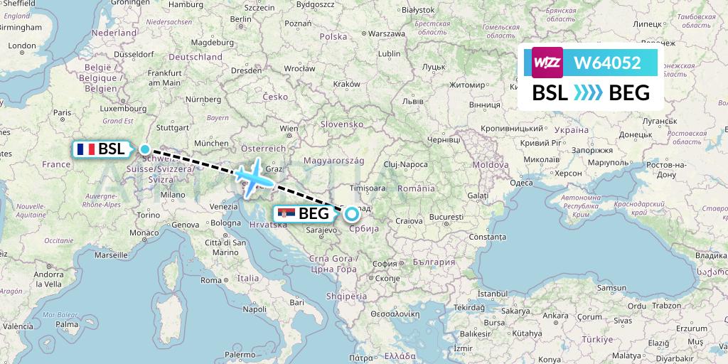 W64052 Wizz Air Flight Map: Basel to Belgrade