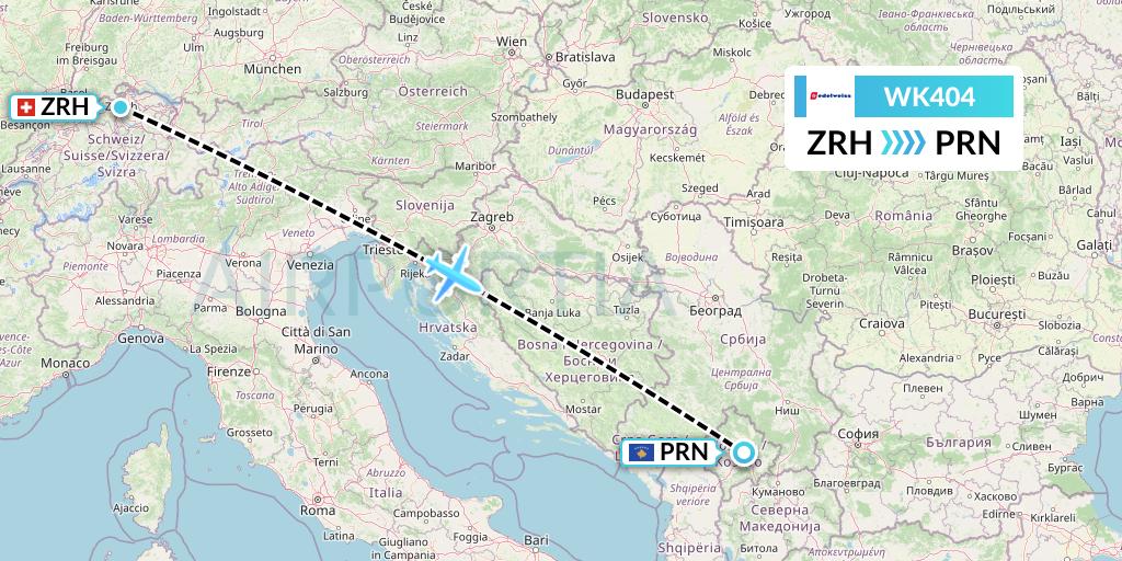 WK404 Edelweiss Air Flight Map: Zurich to Pristina