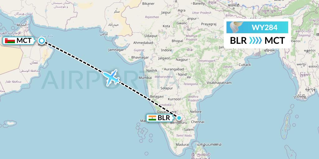 WY284 Oman Air Flight Map: Bangalore to Muscat