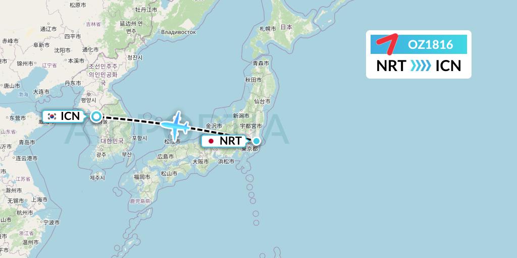OZ1816 Asiana Airlines Flight Map: Tokyo to Seoul