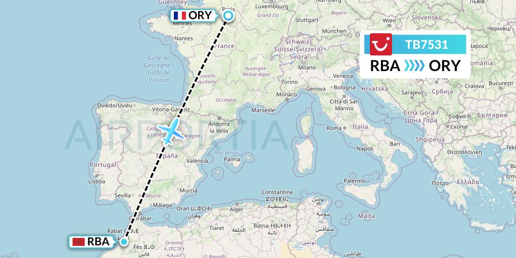 TB7531 TUI fly Belgium Flight Map: Rabat to Paris