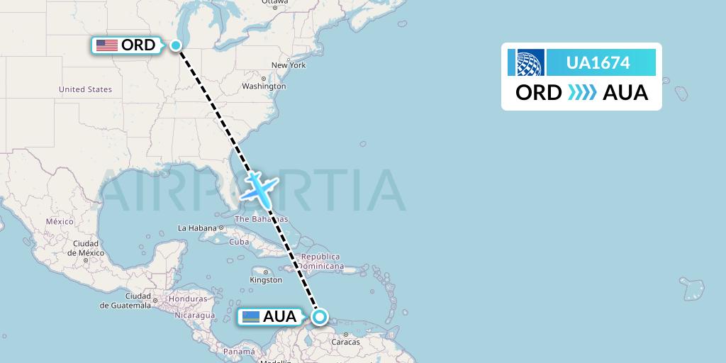 UA1674 United Airlines Flight Map: Chicago to Oranjestad