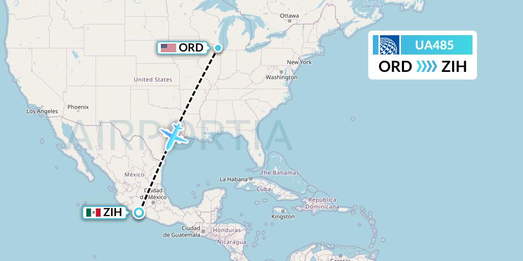 UA485 United Airlines Flight Map: Chicago to Zihuatanejo