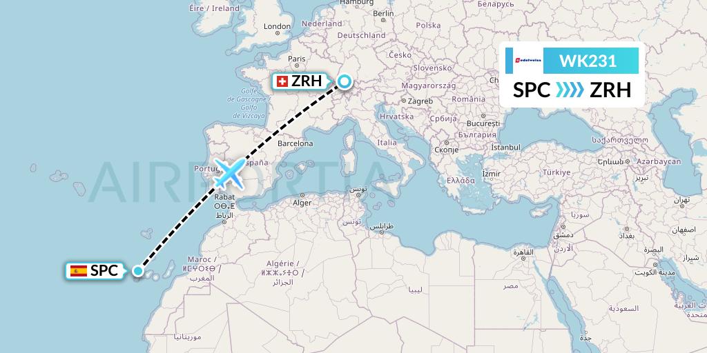 WK231 Edelweiss Air Flight Map: La Palma to Zurich