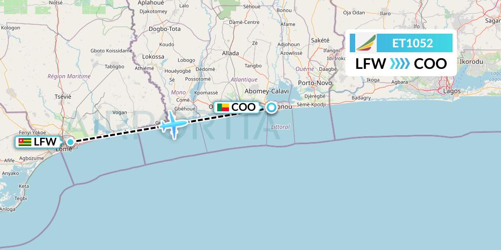 ET1052 Ethiopian Airlines Flight Map: Lome to Cotonou