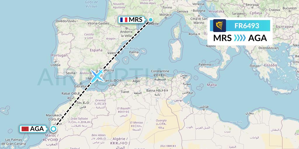FR6493 Ryanair Flight Map: Marseille to Agadir