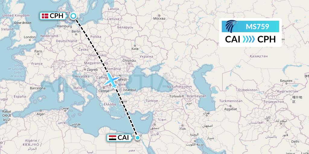 MS759 EgyptAir Flight Map: Cairo to Copenhagen