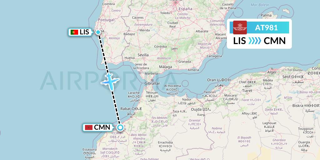 AT981 Royal Air Maroc Flight Map: Lisbon to Casablanca