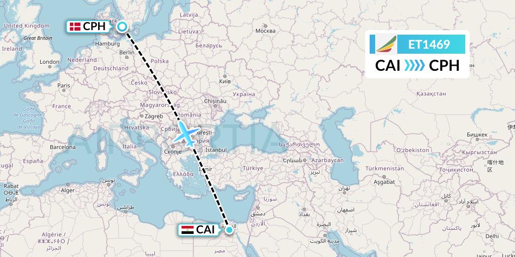 ET1469 Ethiopian Airlines Flight Map: Cairo to Copenhagen