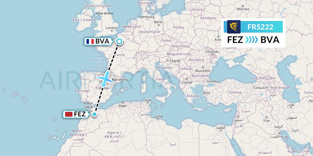 FR5222 Ryanair Flight Map: Fes to Paris