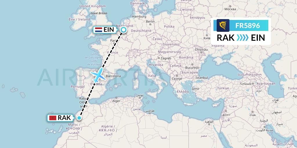 FR5896 Ryanair Flight Map: Marrakesh to Eindhoven