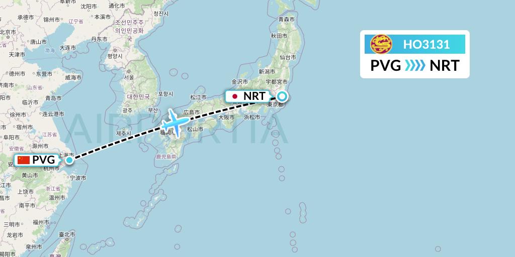 HO3131 Juneyao Airlines Flight Map: Shanghai to Tokyo