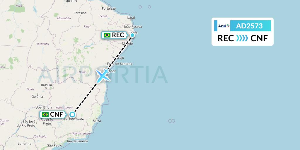 AD2573 Azul Brazilian Airlines Flight Map: Recife to Belo Horizonte