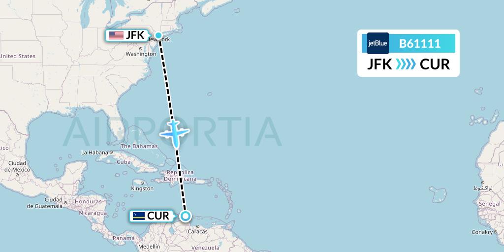 B61111 JetBlue Airways Flight Map: New York to Willemstad