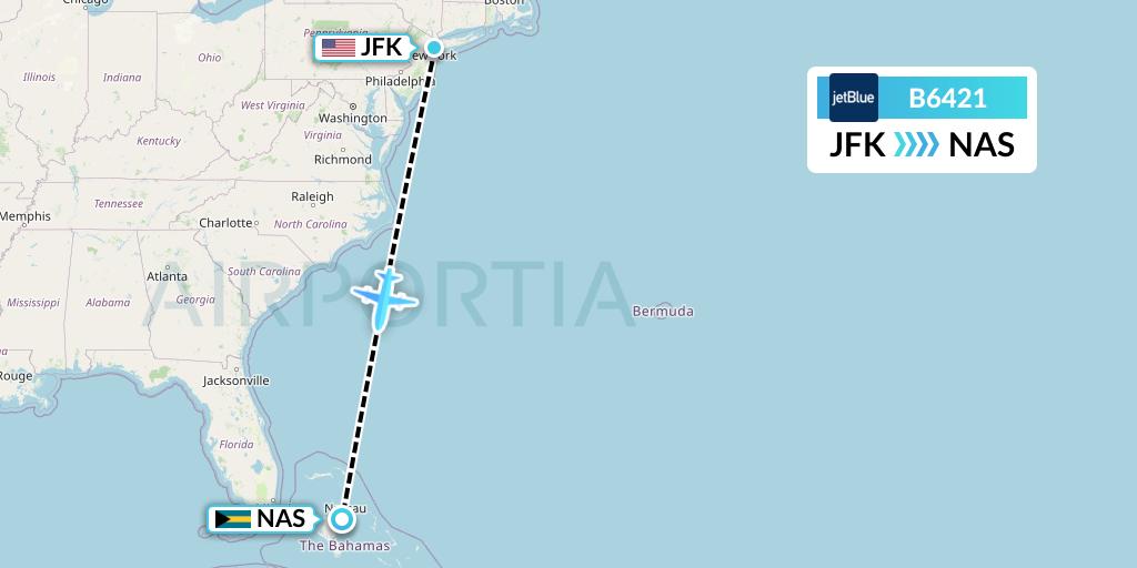B6421 JetBlue Airways Flight Map: New York to Nassau