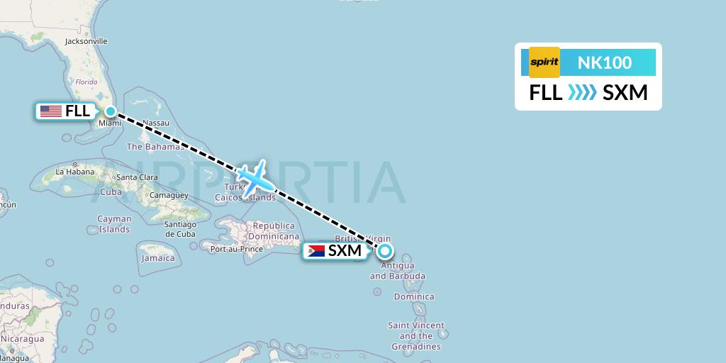 NK100 Spirit Airlines Flight Map: Fort Lauderdale to Sint Maarten