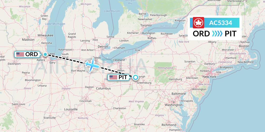 AC5334 Air Canada Flight Map: Chicago to Pittsburgh