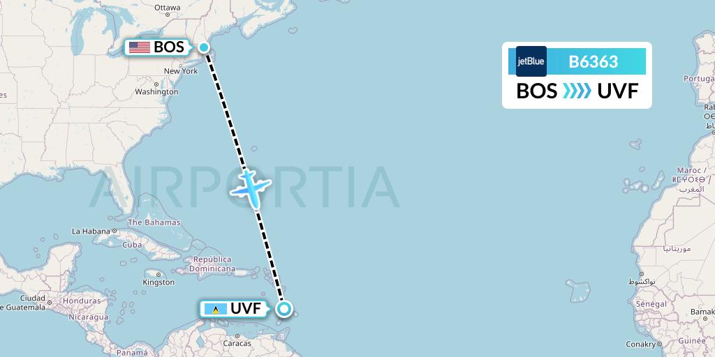 B6363 JetBlue Airways Flight Map: Boston to Vieux Fort