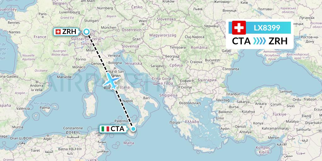 LX8399 Swiss Flight Map: Catania to Zurich