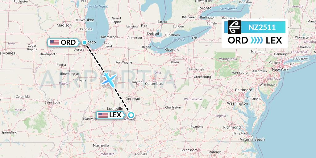 NZ2511 Air New Zealand Flight Map: Chicago to Lexington
