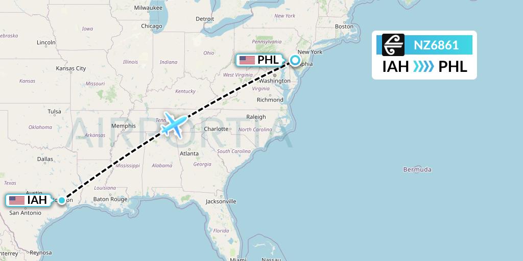 NZ6861 Air New Zealand Flight Map: Houston to Philadelphia
