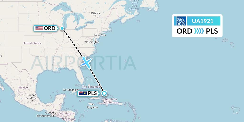 UA1921 United Airlines Flight Map: Chicago to Providenciales